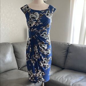Elegant Blue Floral Dress – 95% Polyester, 5% Spandex